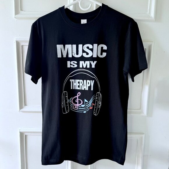 Music Is My Therapy T Shirt Size S Black Graphic Tee Headphones Treble Clef Note - Picture 3 of 12